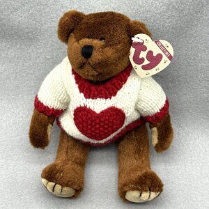 Casanova Brown Bear Attic Treasures Plushie White Sweater Heart TY 1993 Posable